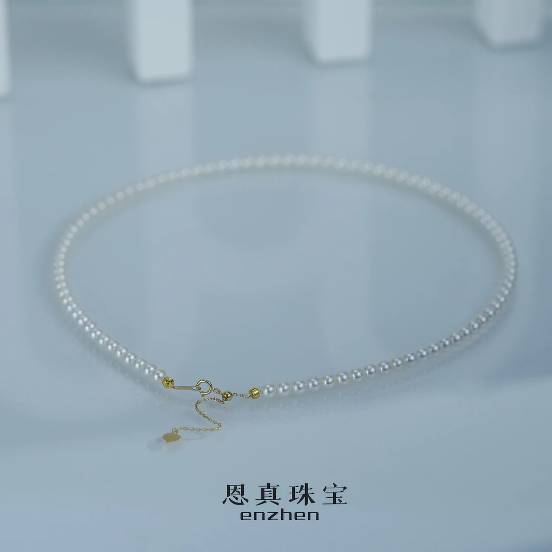 【小明星baby链】18k爱心尾链淡水珍珠小米珠项链锁骨链3.5-4.5mm
