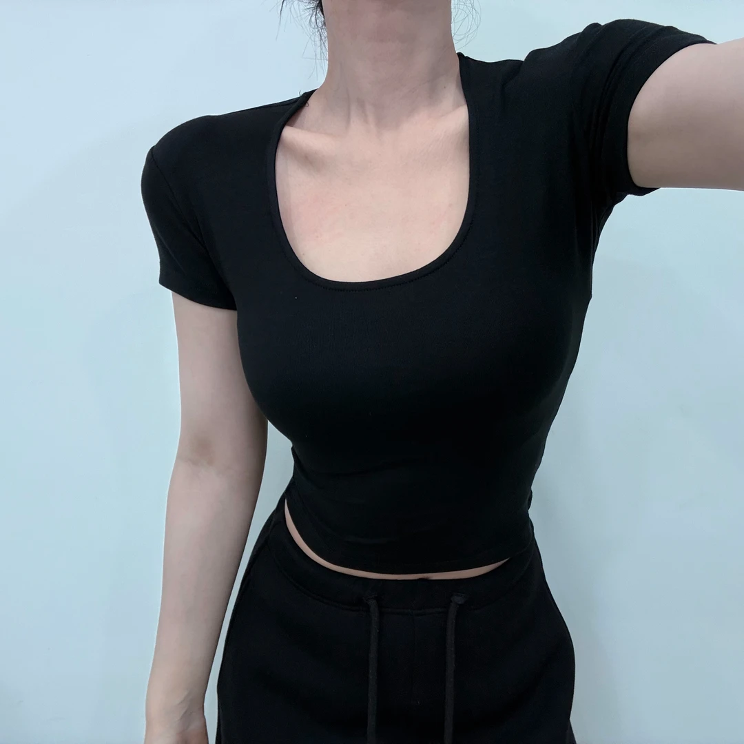 楠楠李短款大U领人棉T恤短袖沙漏折角腰012