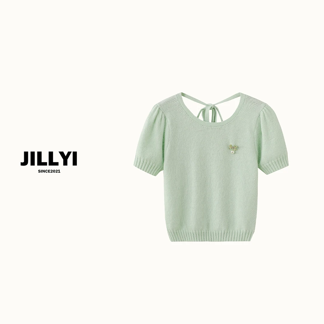 JILLYI南山店【薄荷奶芙】浅绿色圆领颈后绑带时尚百搭针织衫纯色简