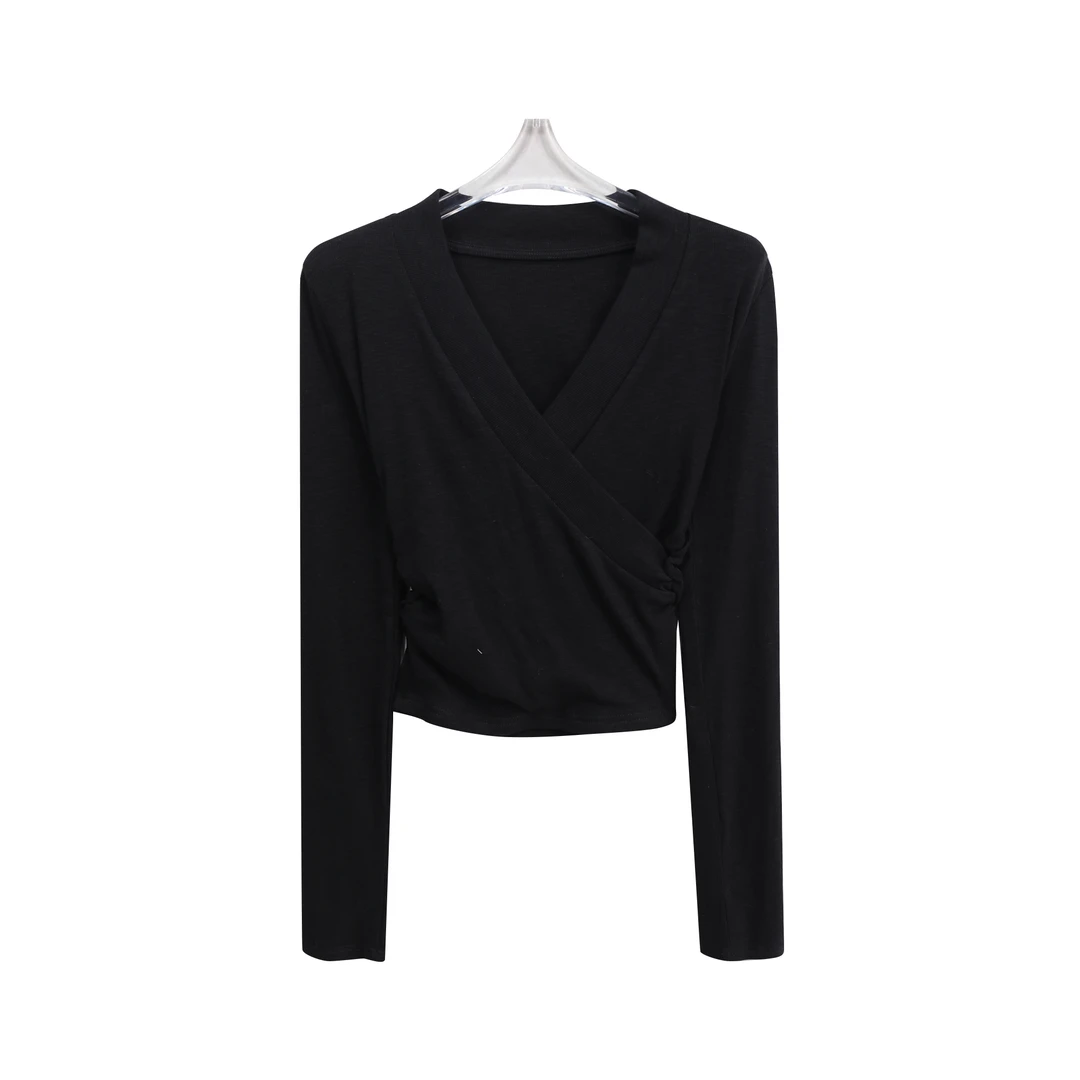 S新款交叉V领褶皱修身显瘦上衣女长袖T恤打底衫C11074