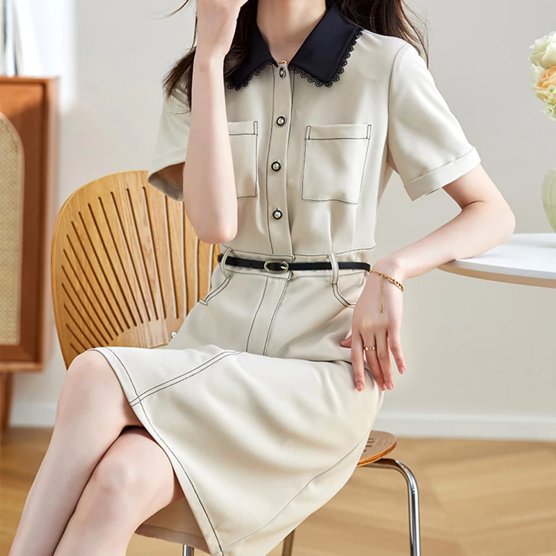 【密】【送腰带】2025夏新款休闲工装小香风撞色衬衫领连衣裙D1149