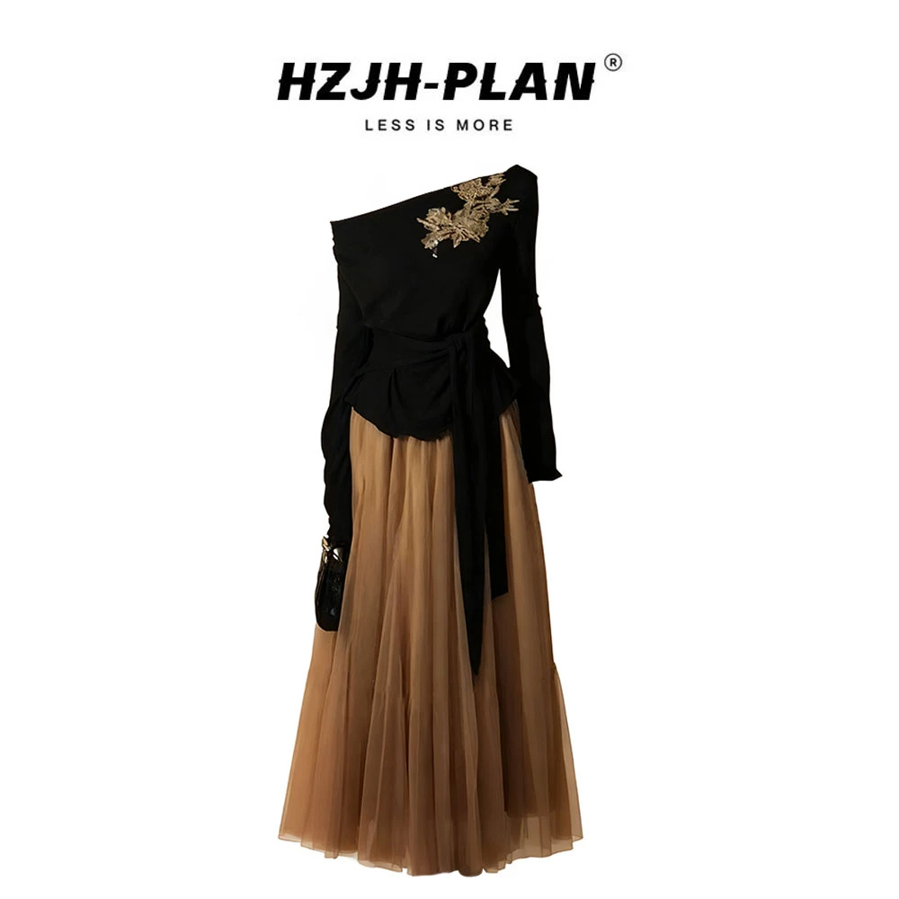 【现货秒发】高级感黑色刺绣绑带长袖上衣女秋季网纱蓬蓬裙显瘦套装