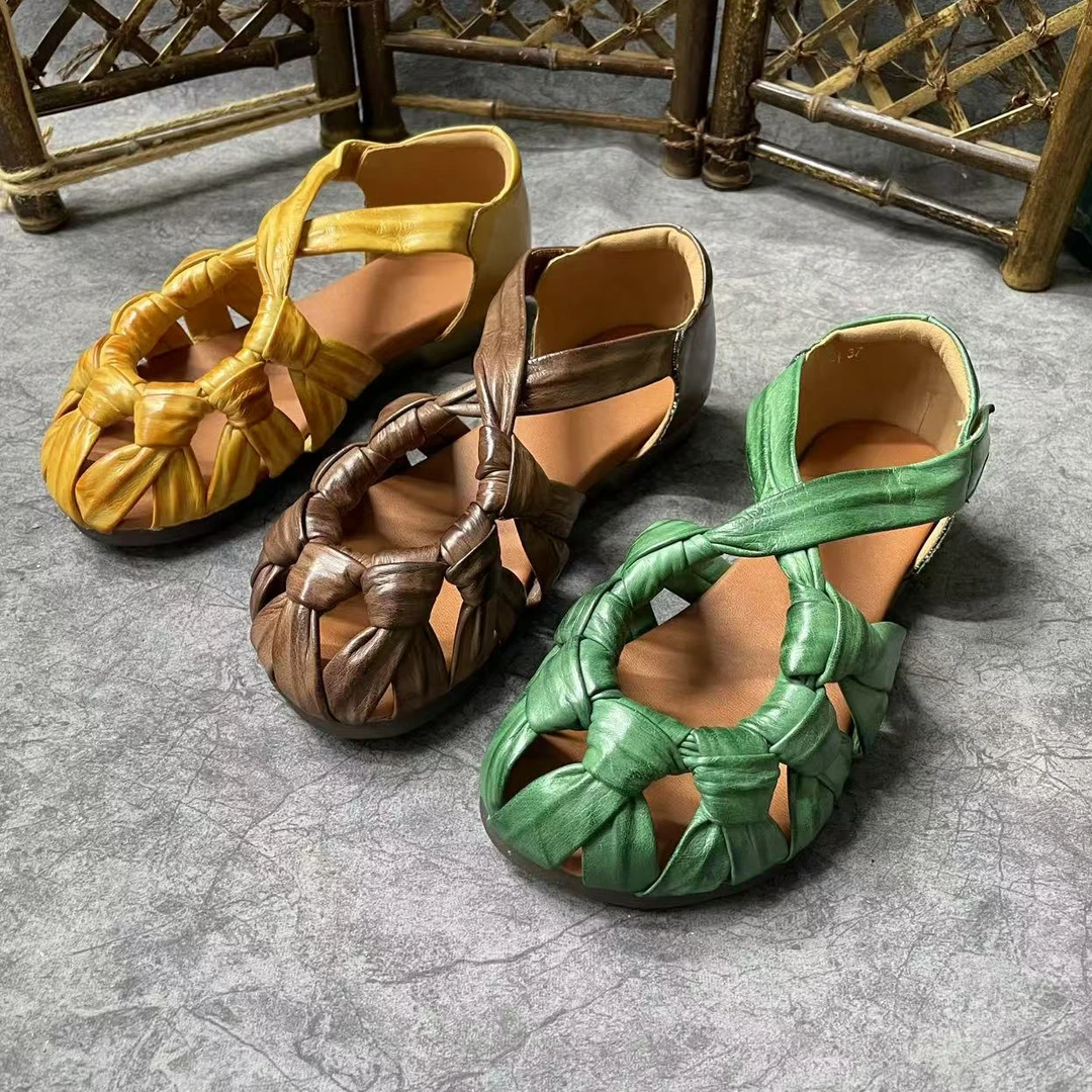 5911-1新品复古擦色手工编织牛皮平底舒适百搭软底女士凉鞋