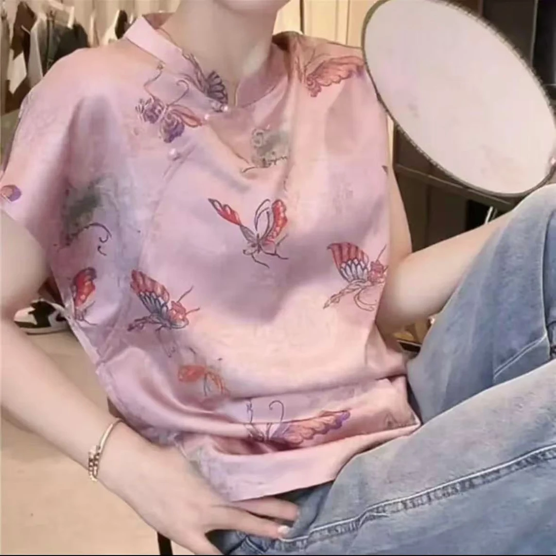 夏款圆领国风设计感时尚百搭短袖新中式盘扣落肩显瘦上衣女