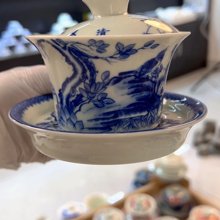 瓷片白青花喜上眉梢马蹄盖碗全品