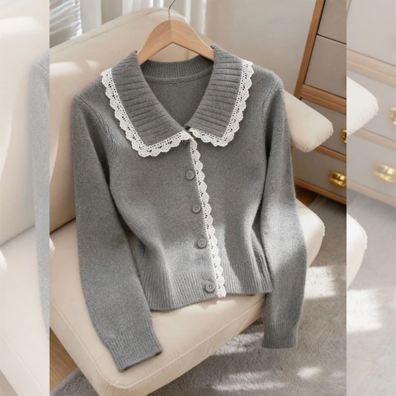 灰色针织衫毛衣女款秋冬新款设计感花边蕾丝拼接上衣开衫翻领外套