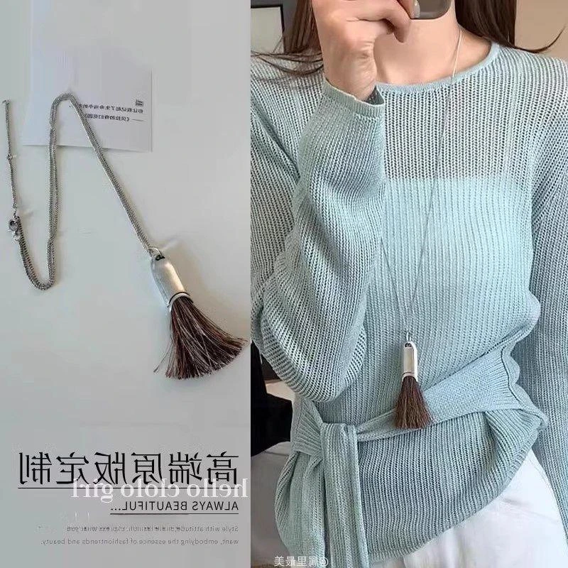 钛钢锆石项链 极简风!韩系棕色毛刷项链长款小众设计刷子吊坠高级