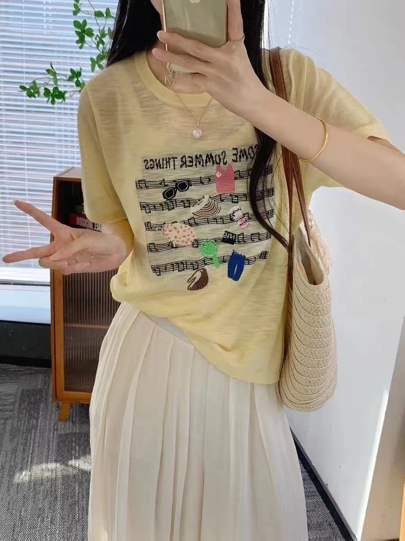 韩代时尚音符印花舒适薄款百搭短袖T恤女2025年夏季1729
