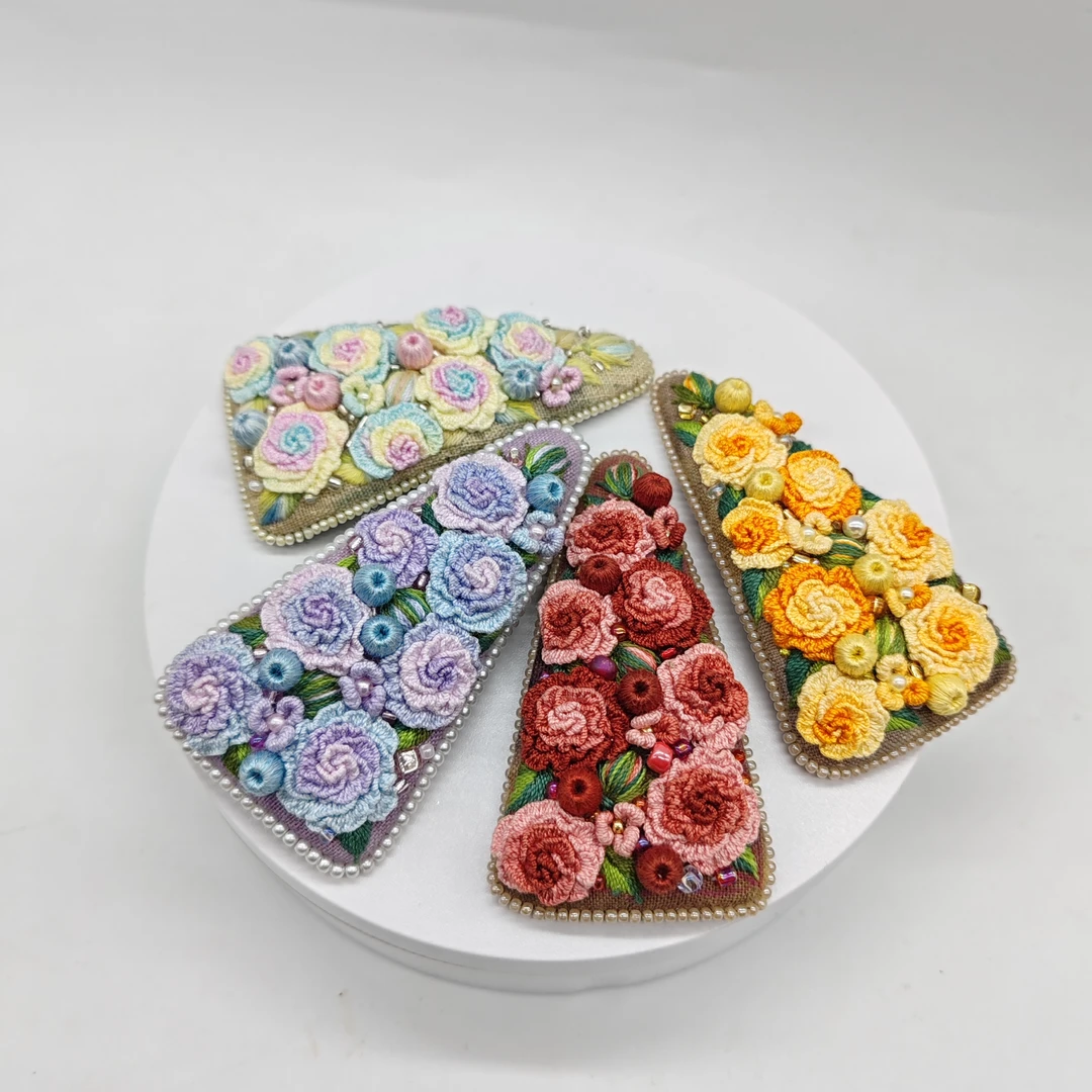 起针绣立体玫瑰花发夹
