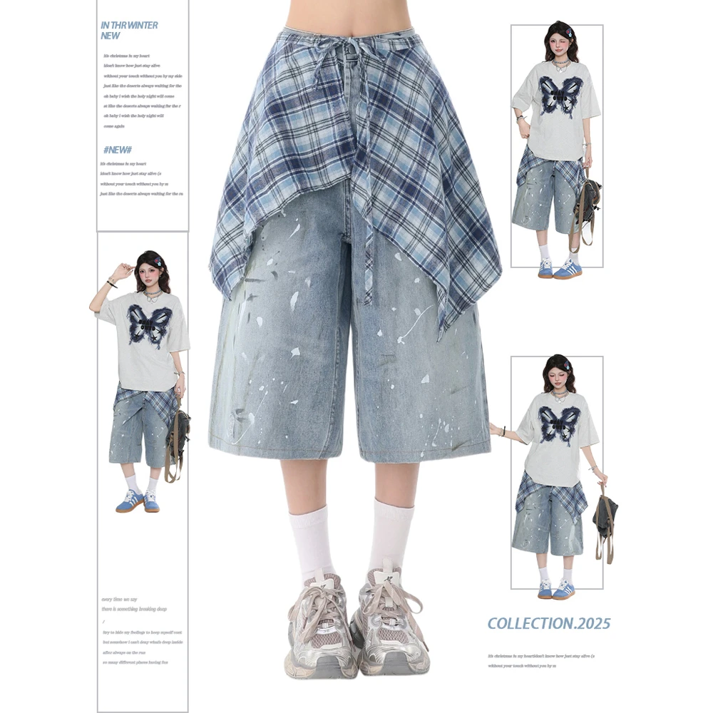 美式复古撞色格纹裙摆泼墨牛仔裤女夏季新款宽松直筒阔腿七分裤潮