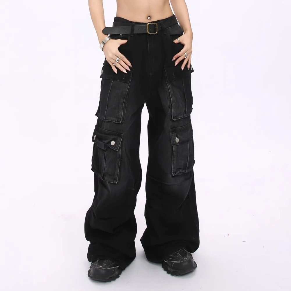 美式大口袋工装休闲裤磨白做旧直筒宽松中腰牛仔长裤