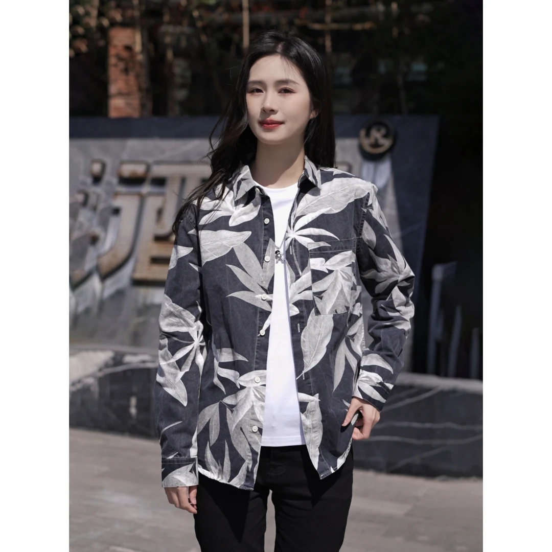 纯棉日系潮流印花长袖衬衫男士时尚百搭文艺休闲宽松上衣7537