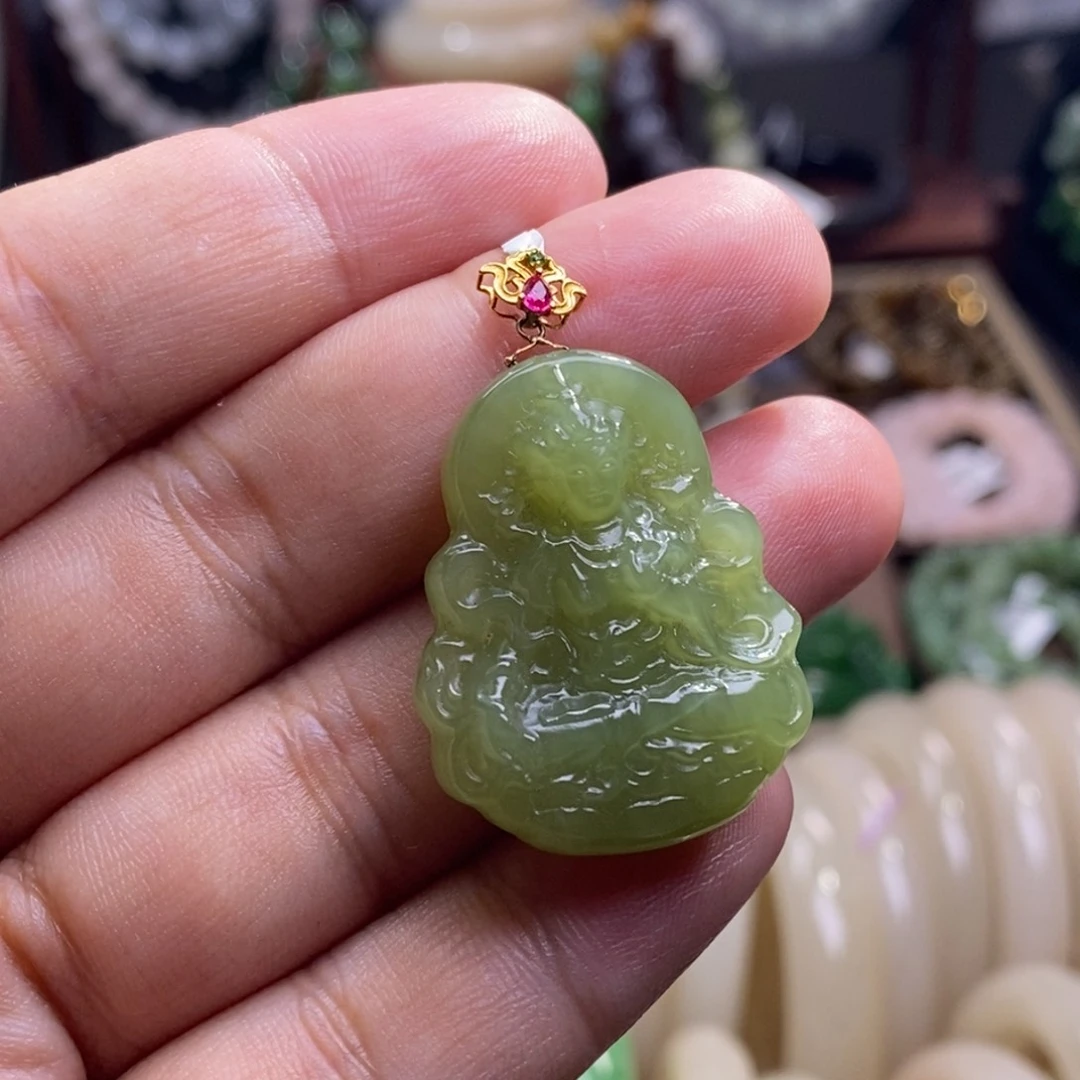 和田玉新疆黄口老矿料金镶绿度母吊坠未镶嵌