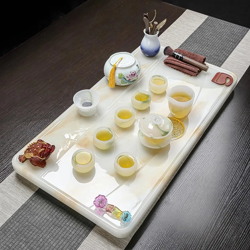简约新中式茶盘手工沥水高档长方形玉石茶台轻奢家用陶瓷大号小型