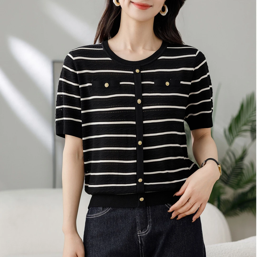 皖如Z8989短袖条纹针织衫夏季黑色时尚气质显瘦女生韩系ins衣服