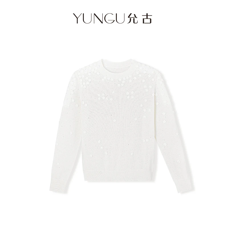 53 允古YUNGU馥郁苍兰重工手缝小花烫钻天丝山羊绒针织上衣