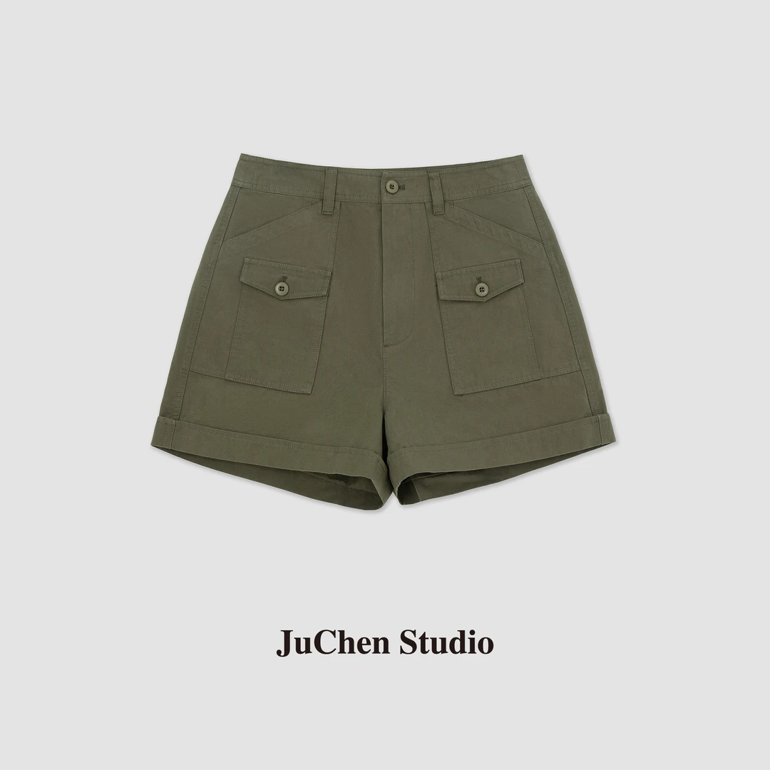 “城市狩猎”美式工装口袋肌理棉微阔显瘦卷边短裤 SS072905