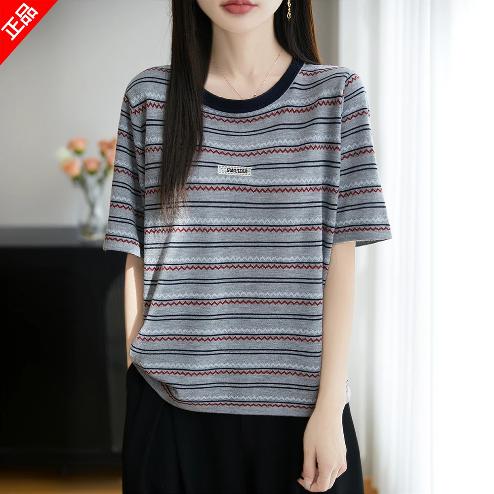 哥弟阿玛施正品2025夏季新款桑蚕丝针织衫女简约条纹短袖上衣女