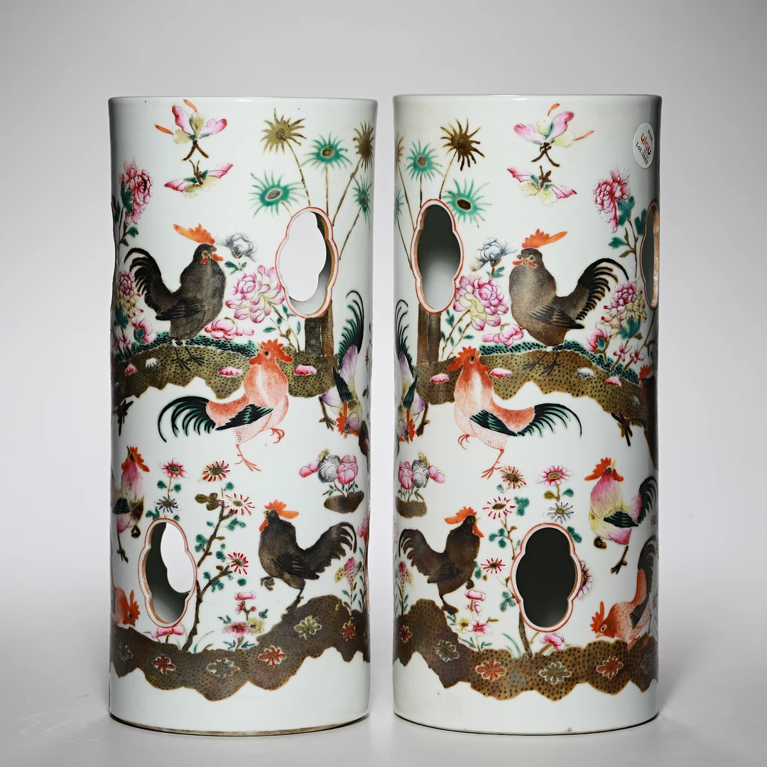 3882清晚期·粉彩大吉图帽筒一对【古董拍卖】