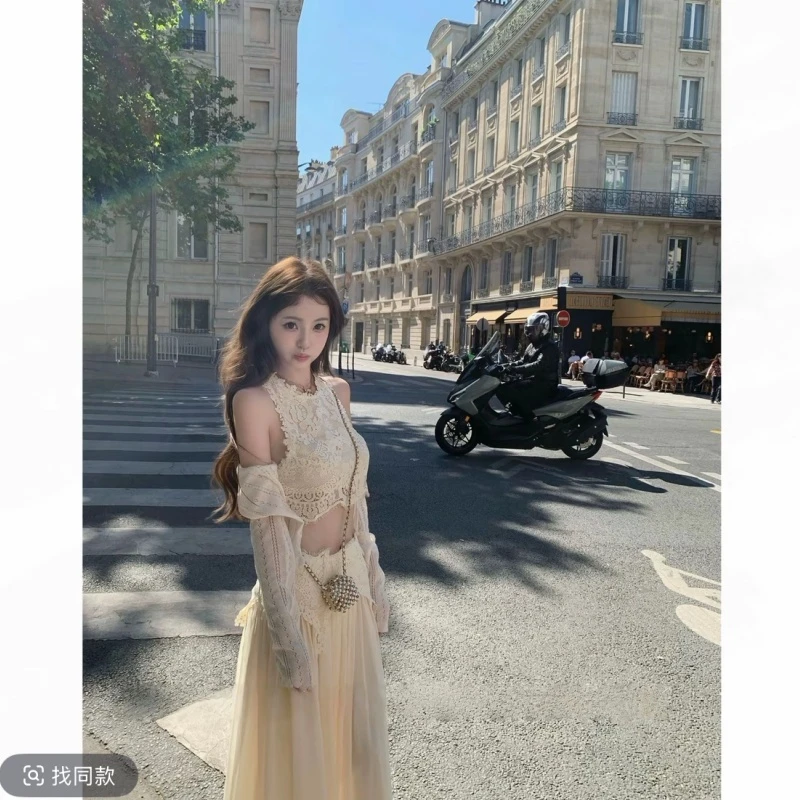 【多情夏威夷】精致不露背拉链睫毛蕾丝上衣+裤子/裙子