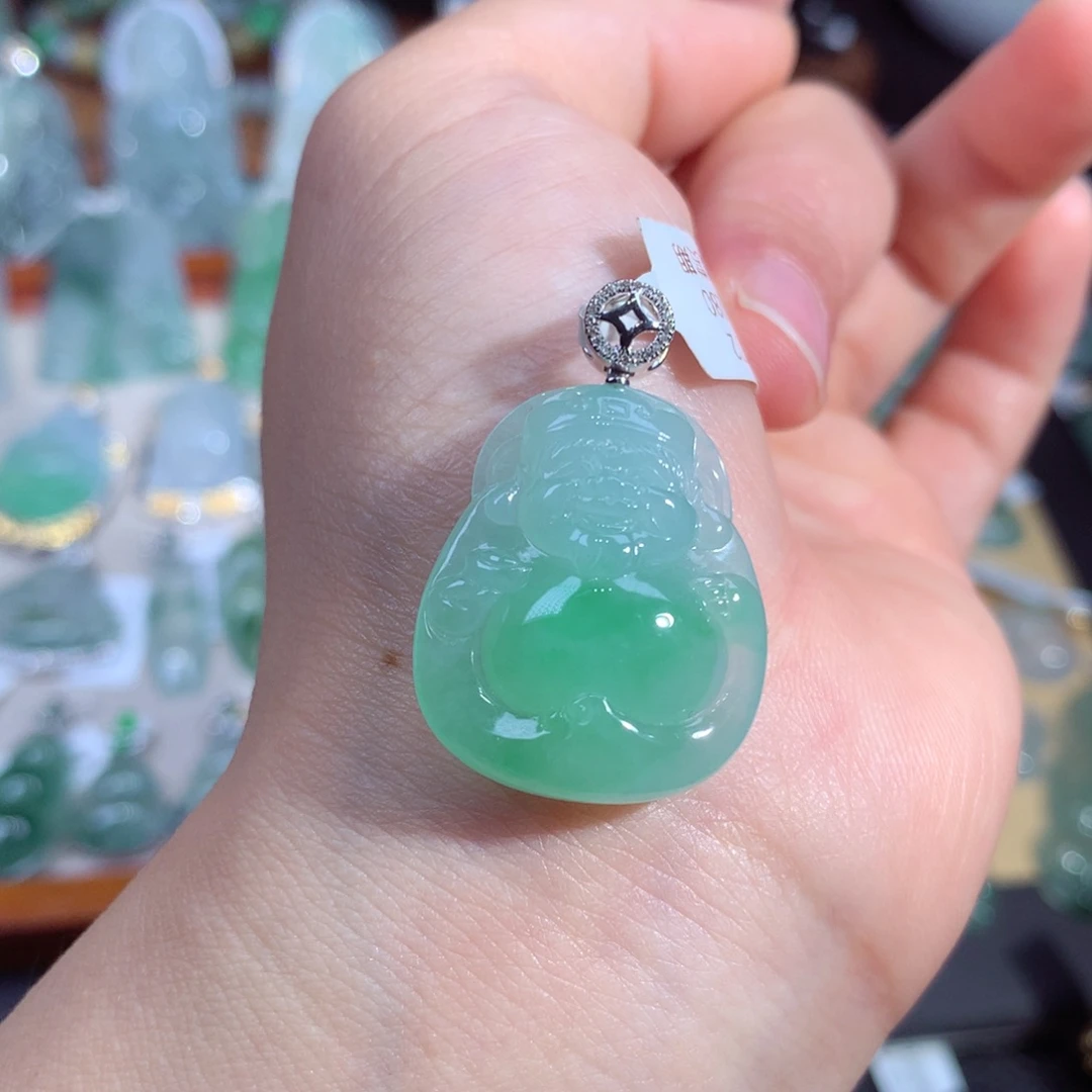 翡翠18K金镶嵌吊坠(不含链)缅甸玉财神爷