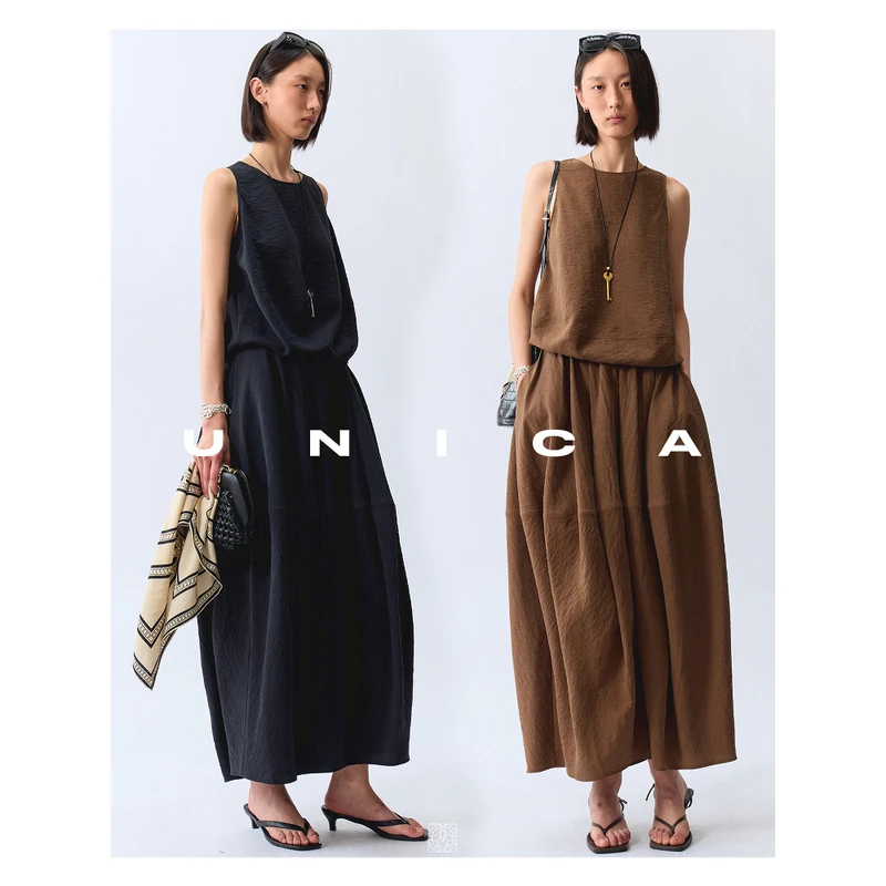UNICA/时髦花苞感砂洗18MM皱面廓形花苞无袖上衣半身裙套装