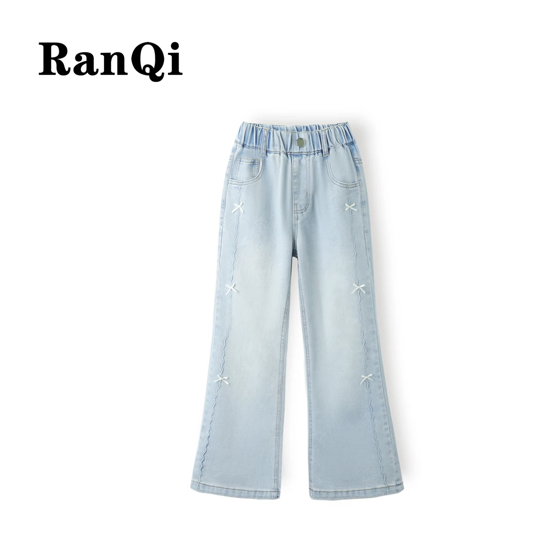 女童牛仔裤夏款2025夏季薄新款浮绣蝴蝶结款中大童百搭微喇裤A068