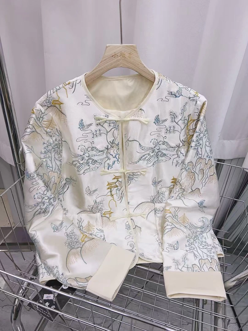 【欢喜】新中式国风刺绣缎面圆领外套2025春季新款高级感气质短上衣