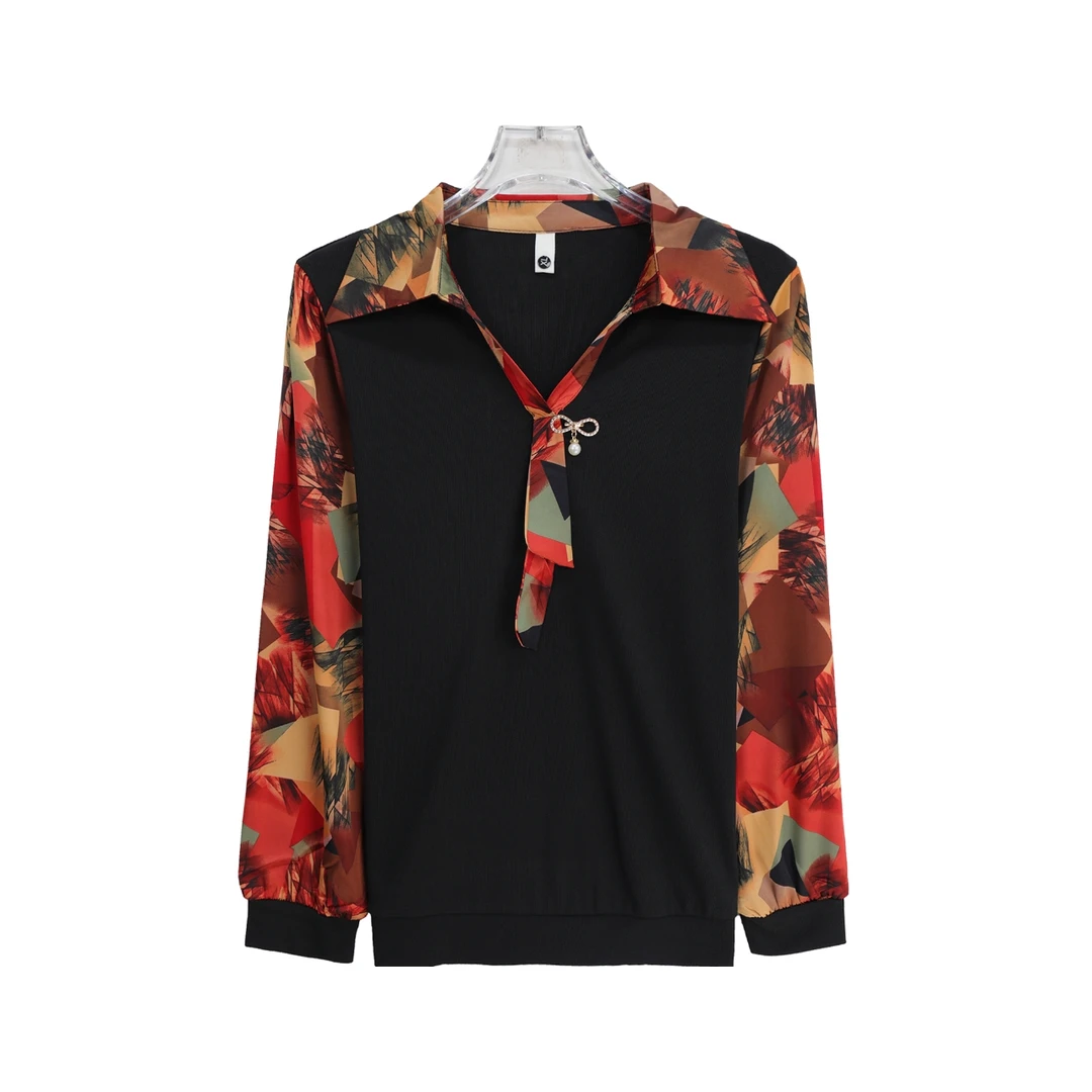 拼接气质长袖印花舒适透气减龄宽松衬衫S3106