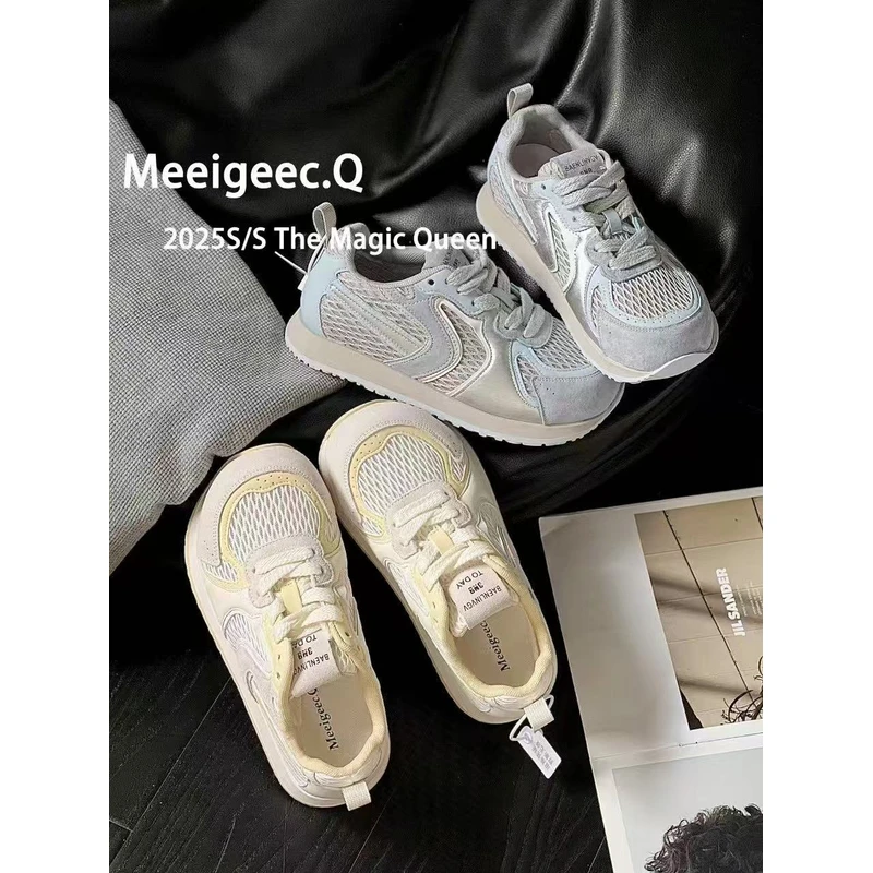 2025新款网面透气厚底德训鞋女拼色休闲运动鞋慢跑鞋女鞋小白鞋