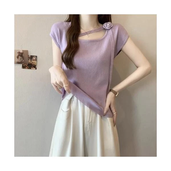 花朵挂脖紫色方领短袖T恤女2025年夏独特漂亮小衫韩系减龄上衣女