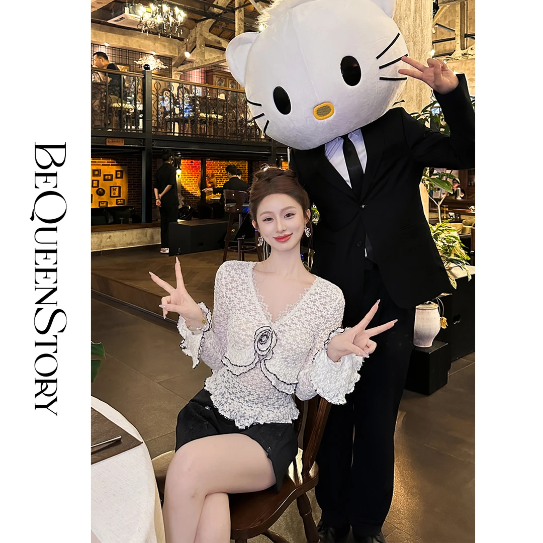 韩韩IU【山茶恋人】时尚法式气质显瘦修身白色短款V领女上衣新款