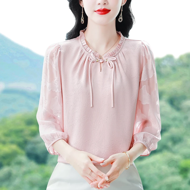 新中式国风盘扣提花缎面雪纺衬衫女士夏季减龄洋气小衫七分袖上衣