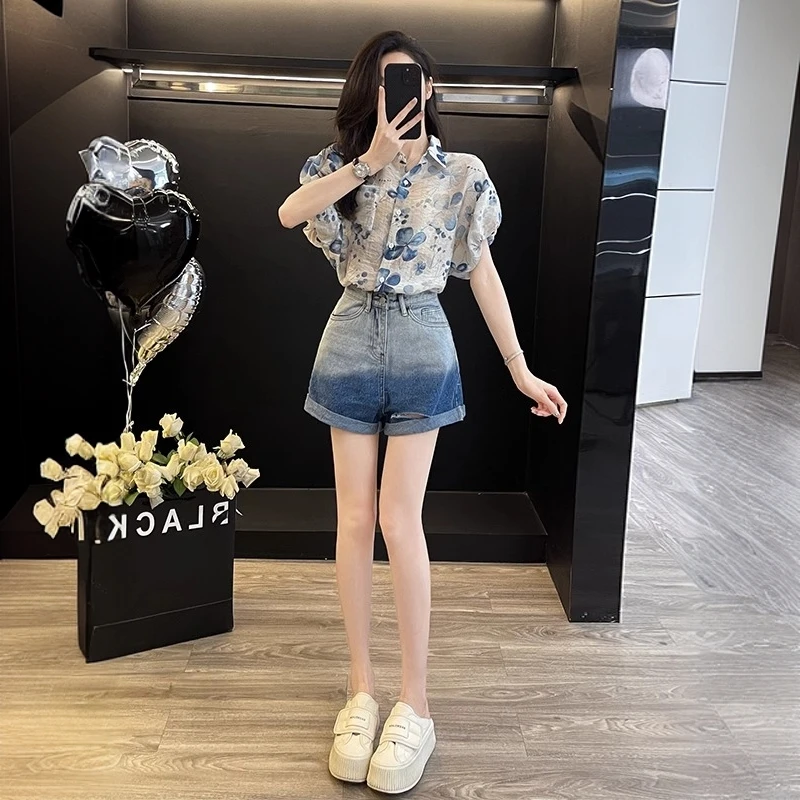 短袖雪纺印花衬衫牛仔短裤时尚套装女夏季网红洋气气质高腰显瘦潮