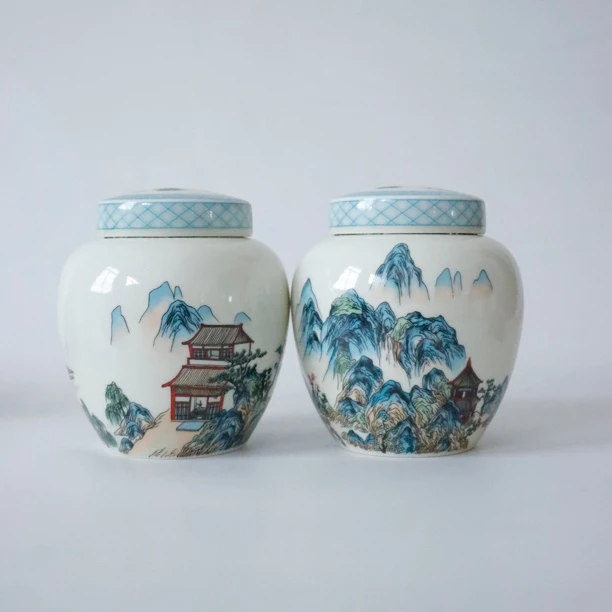 山景造物-青绿山水粉彩堆料茶叶罐密封罐储物罐茶叶罐a501