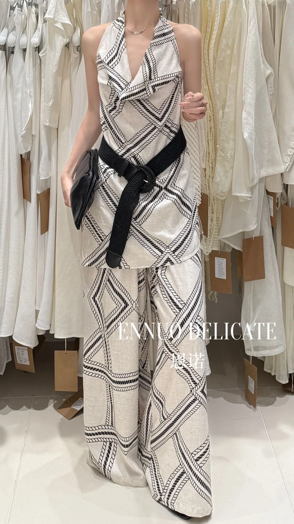 恩诺几何图形显瘦松紧腰阔腿裤 Y1908