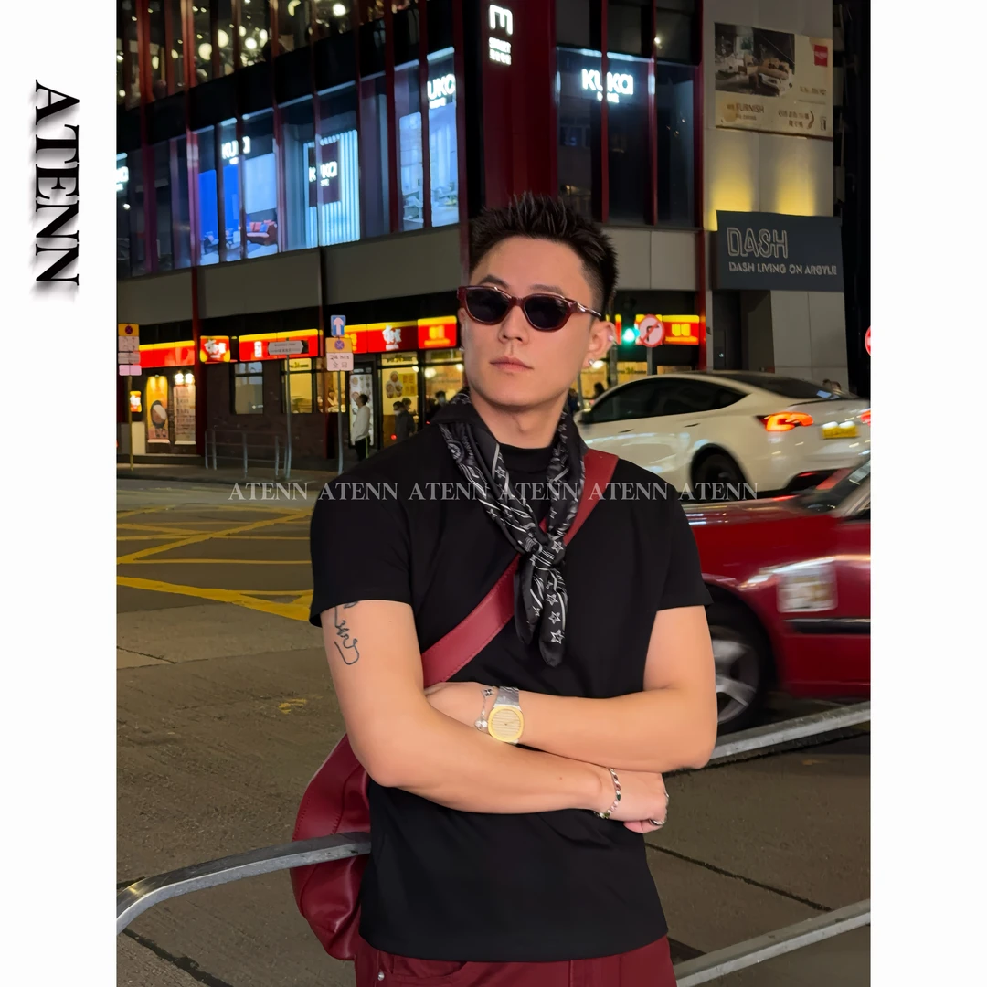 ATENN夏季男士休闲短袖纯色正肩显身材时尚百搭简约清凉透气短袖