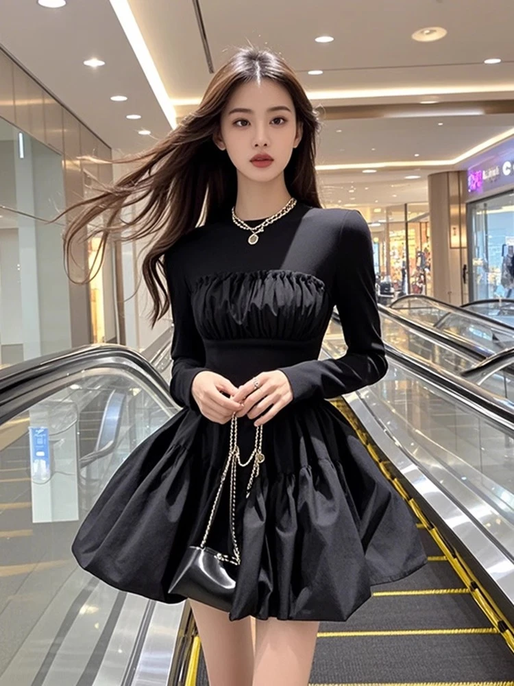 【KEKE】法式赫本风连衣裙女2025秋冬高级气质千金收腰蓬蓬小黑裙
