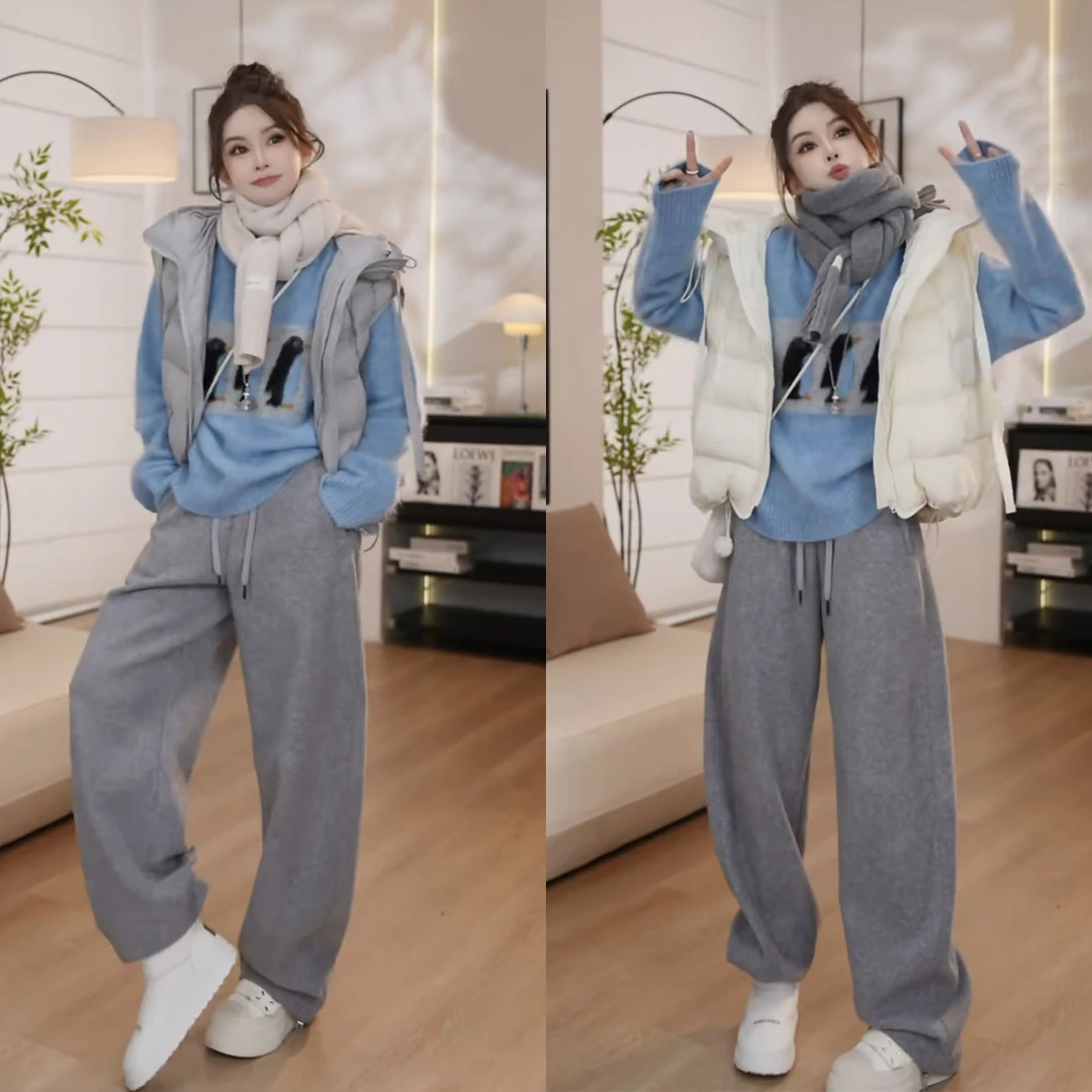 2025年新款冬季穿搭韩系百搭圆领针织上衣棉马甲高腰休闲裤三件套