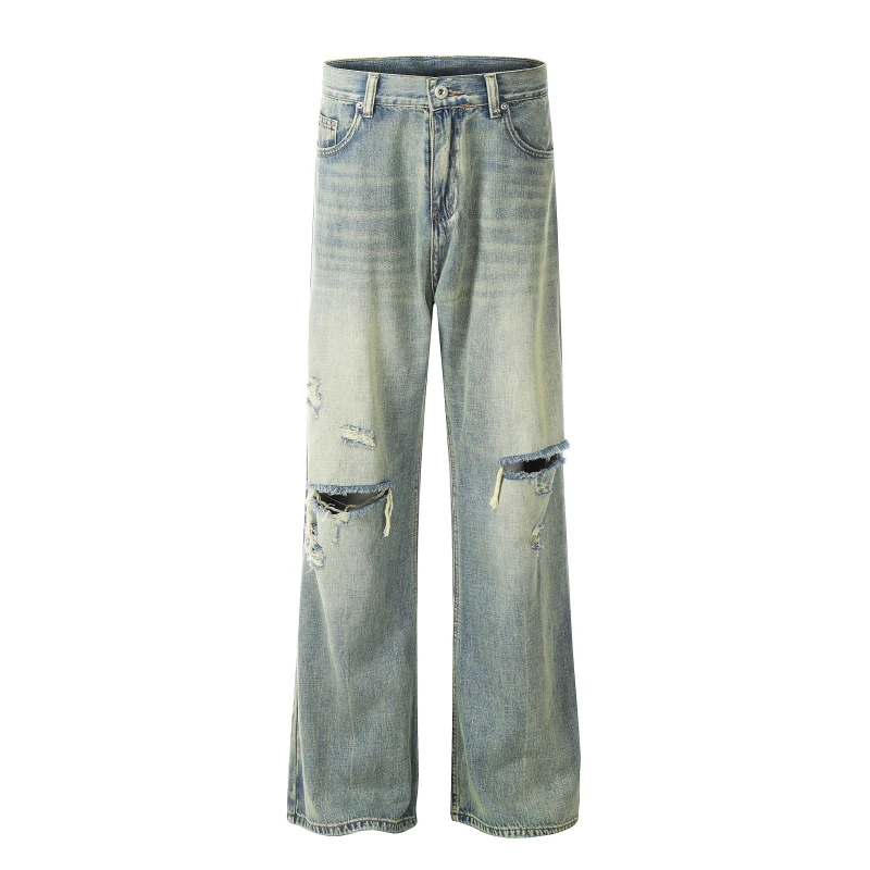 美式复古水洗潮流直筒割烂破洞个性喷马骝牛仔裤欧美中性微喇叭裤