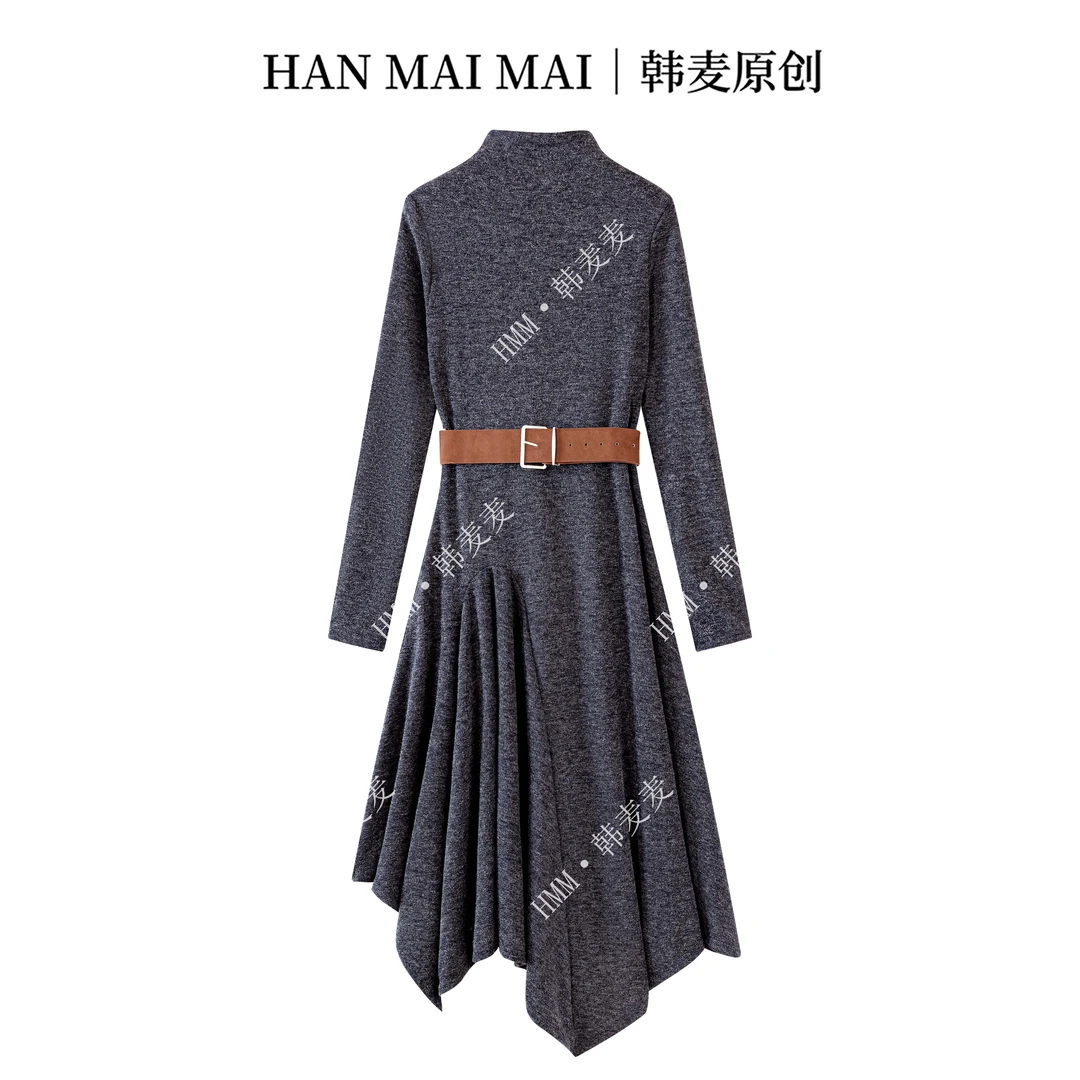 款图全部错重新找到图上874/长袖立领显瘦不规则收腰针织连衣裙女