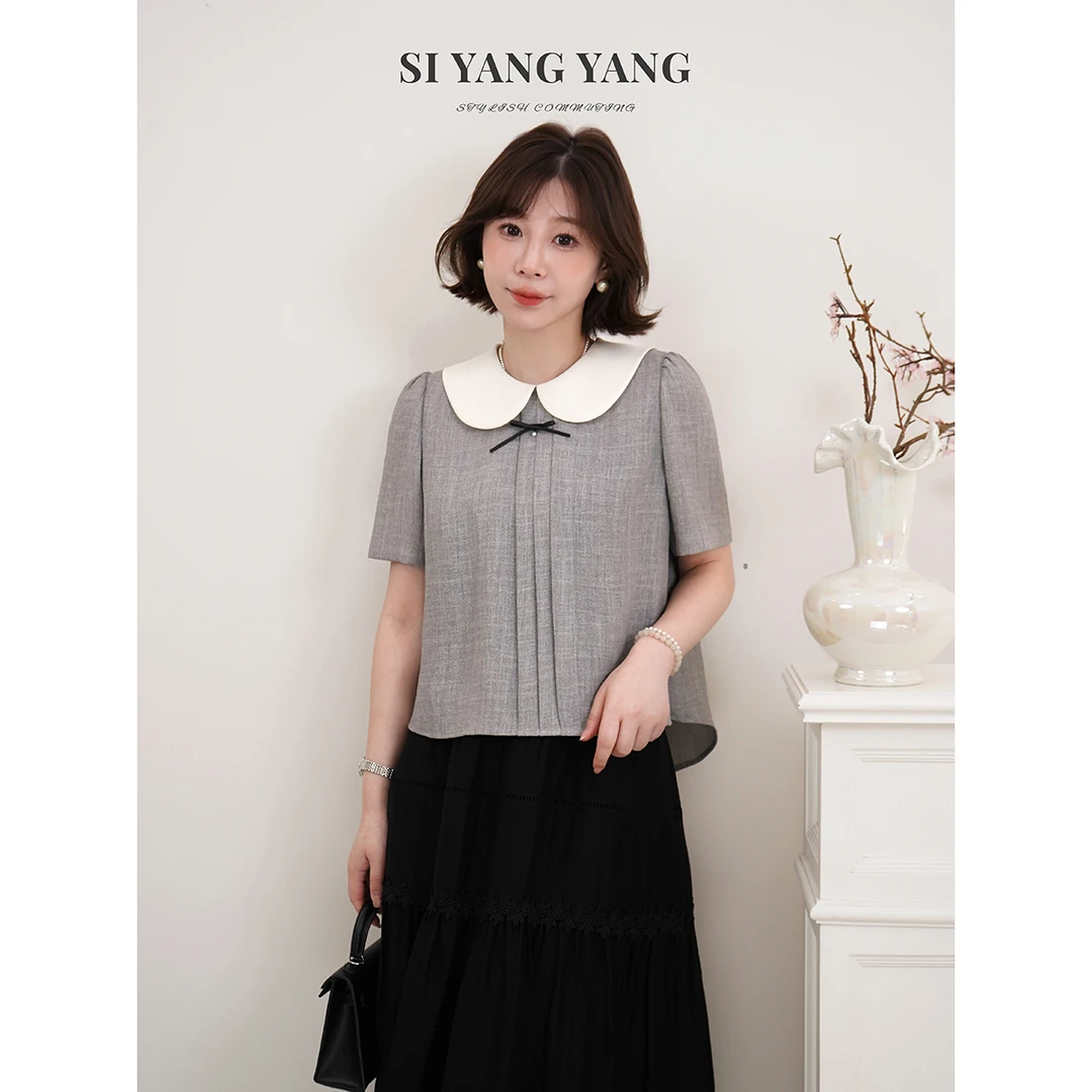 SIYANGTR人字纹仿麻小翻领撞色新款百搭通勤减龄T恤SY503A051SYY