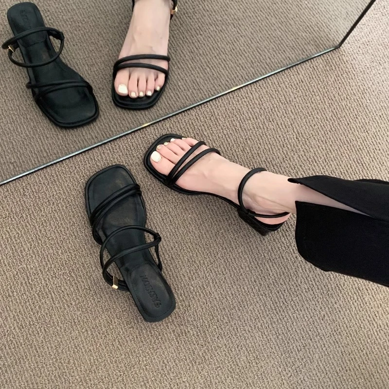 高跟百搭罗马鞋两穿凉拖夏季2025新款时尚一字带法式配裙黑色凉鞋