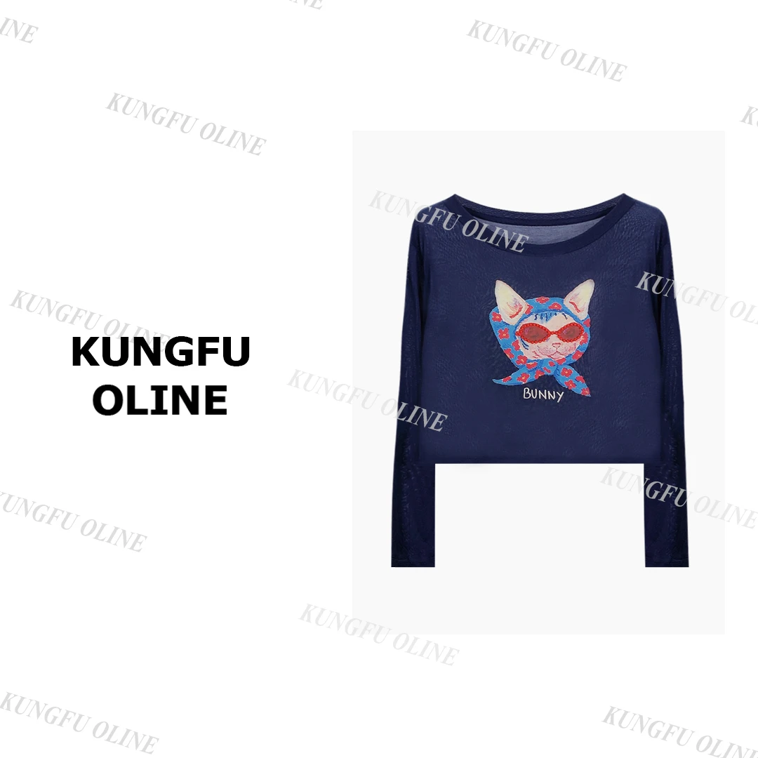 【白色现现】【眼镜小猫防晒】CT1996卡通印花圆领长袖潮流休闲上衣