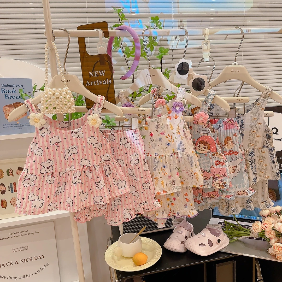 【绵绸+莱赛尔】吊带裙短款套装背心碎花夏季印花女宝女童卡通