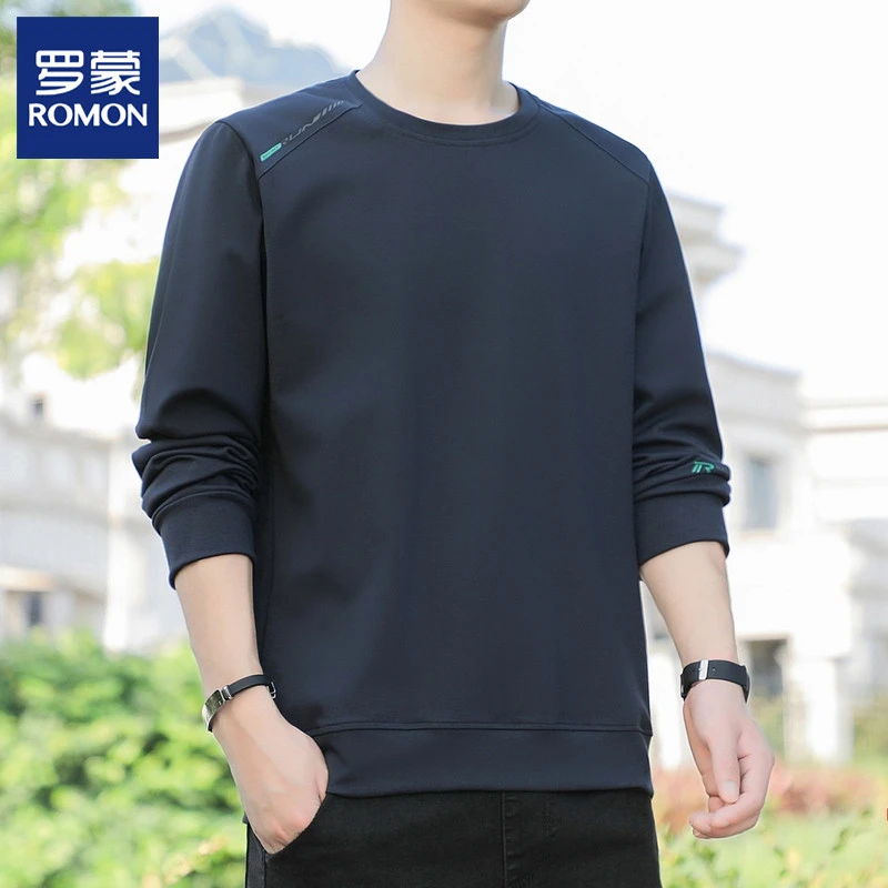 Romon/罗蒙圆领卫衣男士秋季新款宽松大码休闲长袖打底衫男装上衣