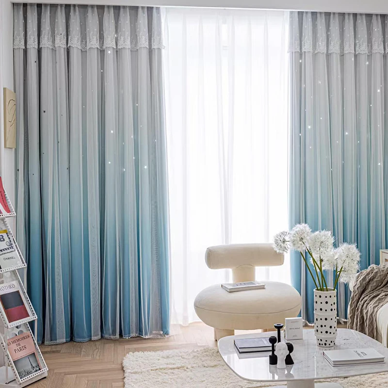 双层法式渐变遮光镂空星星窗帘卧室ins公主风飘窗网红星空梦幻帘
