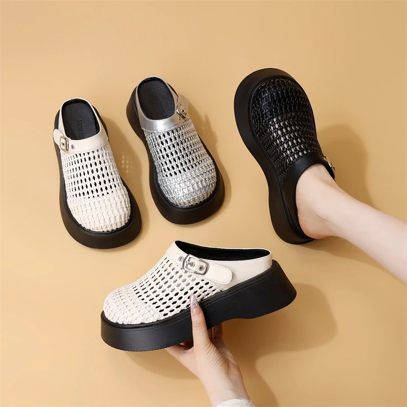 超火春夏厚底网面外穿包头拖女2025新款增高编织镂空时尚沙滩凉拖