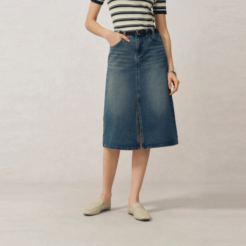 POLOWALK女装2025春夏新品女式半裙过膝牛仔半身裙时尚通勤简约女