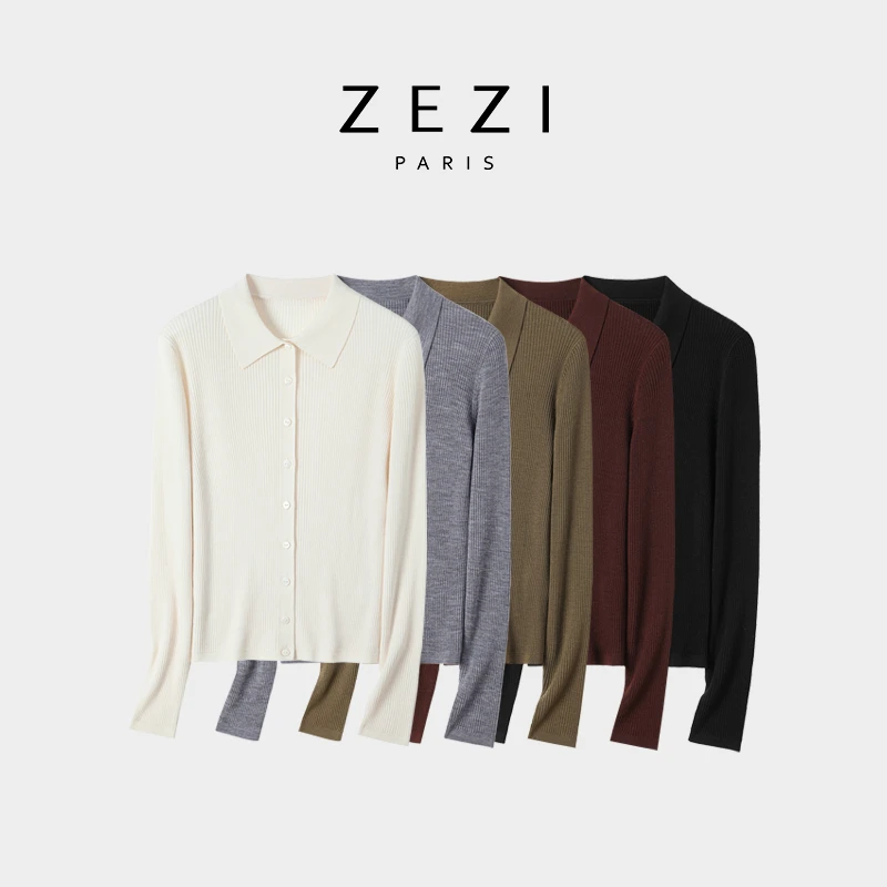 ZEZI精致纸片人100%绵羊毛针织开衫柔软针织衫时尚气质百搭春秋新